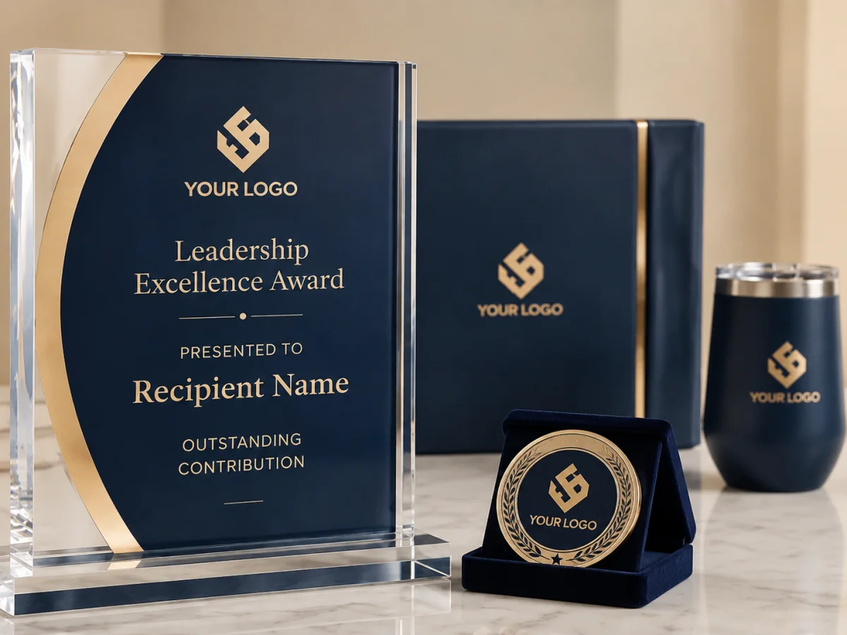 Custom corporate awards and recognition set with acrylic award, medallion and presentation gifts
