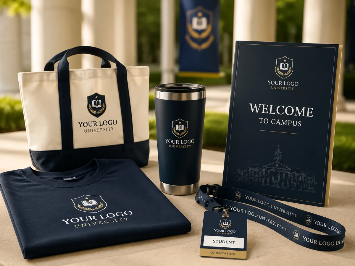 Custom university orientation merchandise including tote, T-shirt, tumbler, lanyard and welcome guide