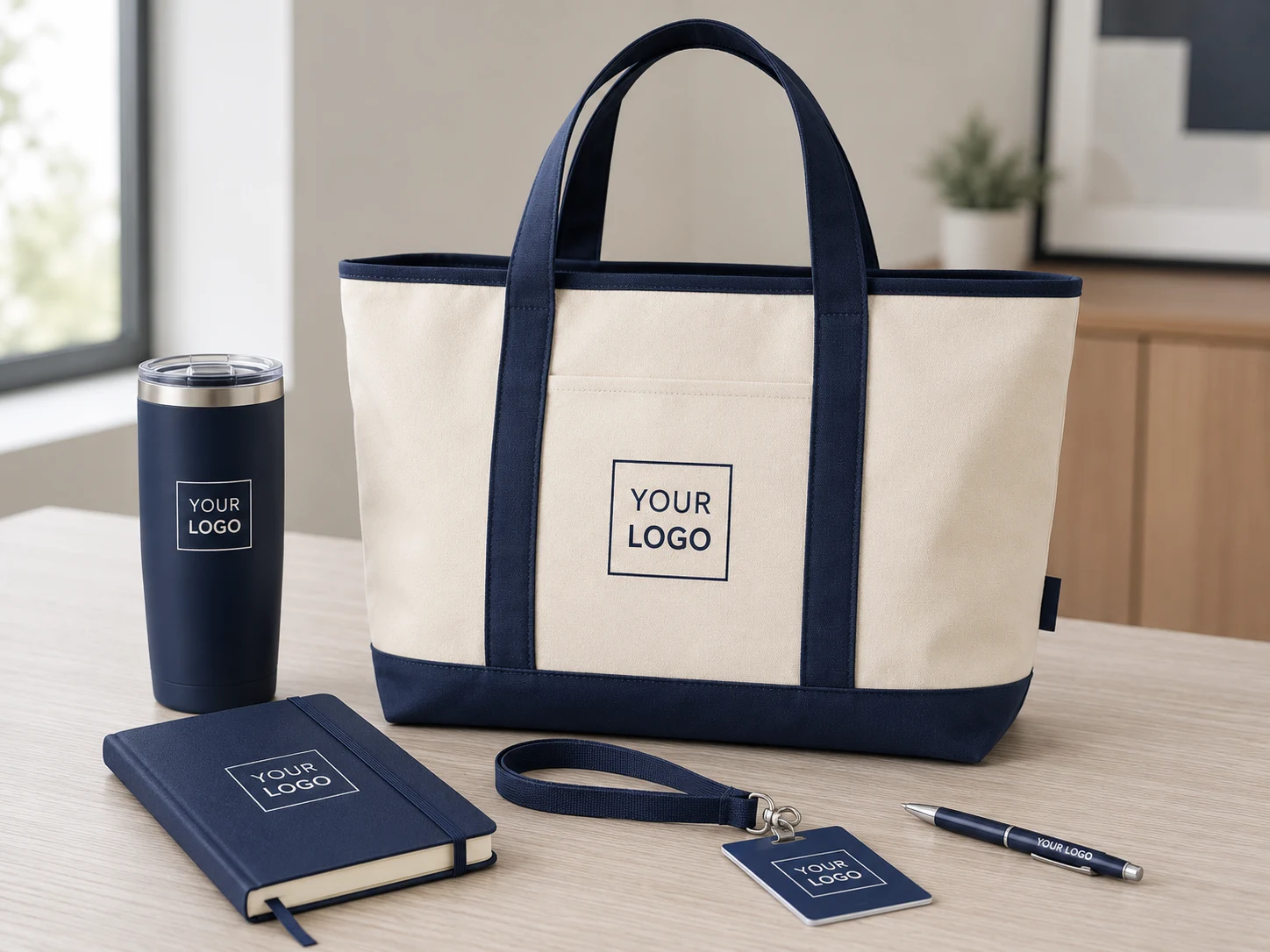 Custom branded canvas tote bag with coordinated business accessories