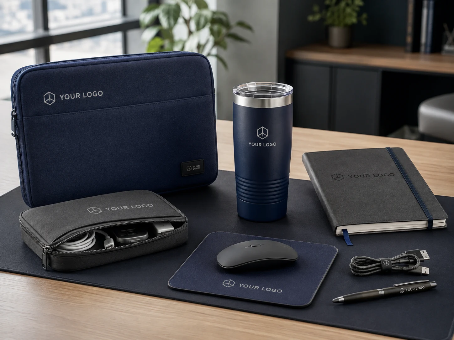 Custom lifestyle and office products including laptop sleeve, desk accessories and tumbler