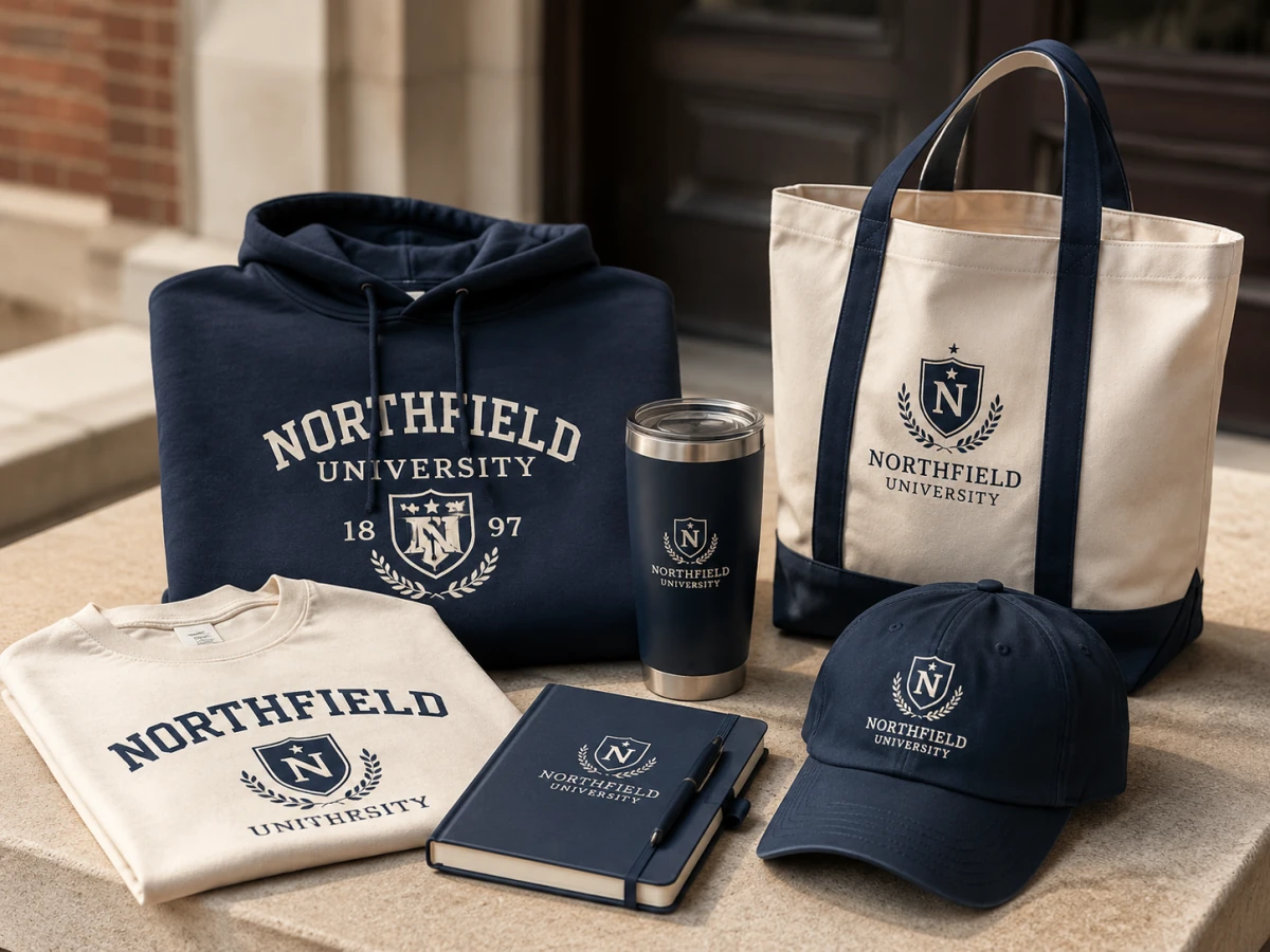 Coordinated custom university merchandise including hoodie, T-shirt, tote, tumbler, notebook and cap